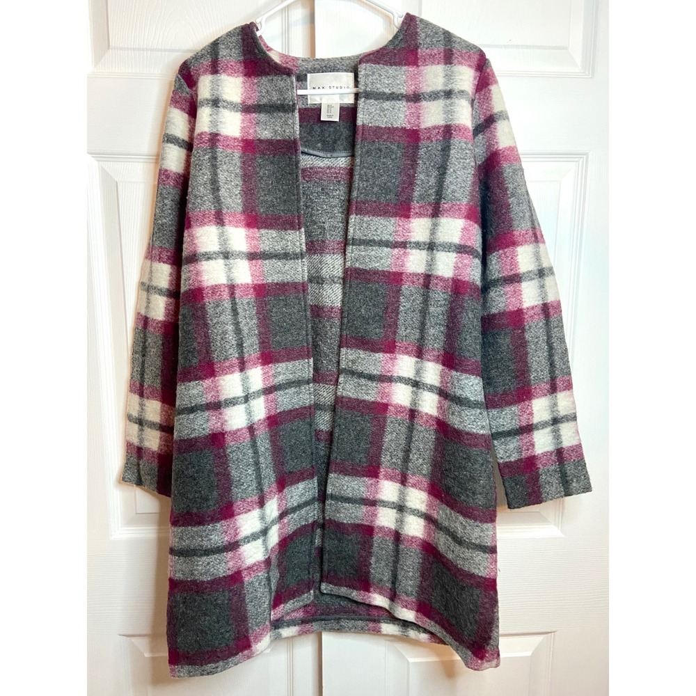 Max Studio Plaid Wool Blend Coat Pink Gray Collarless Open Front Preppy S